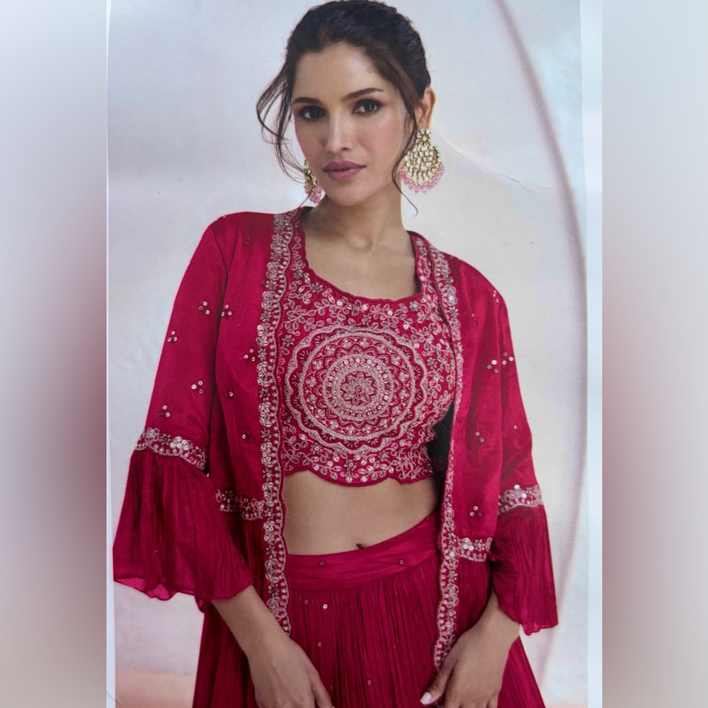 Elegant Fuscia Pink Embroidered 4-piece Lengha Choli with Jacket. New!